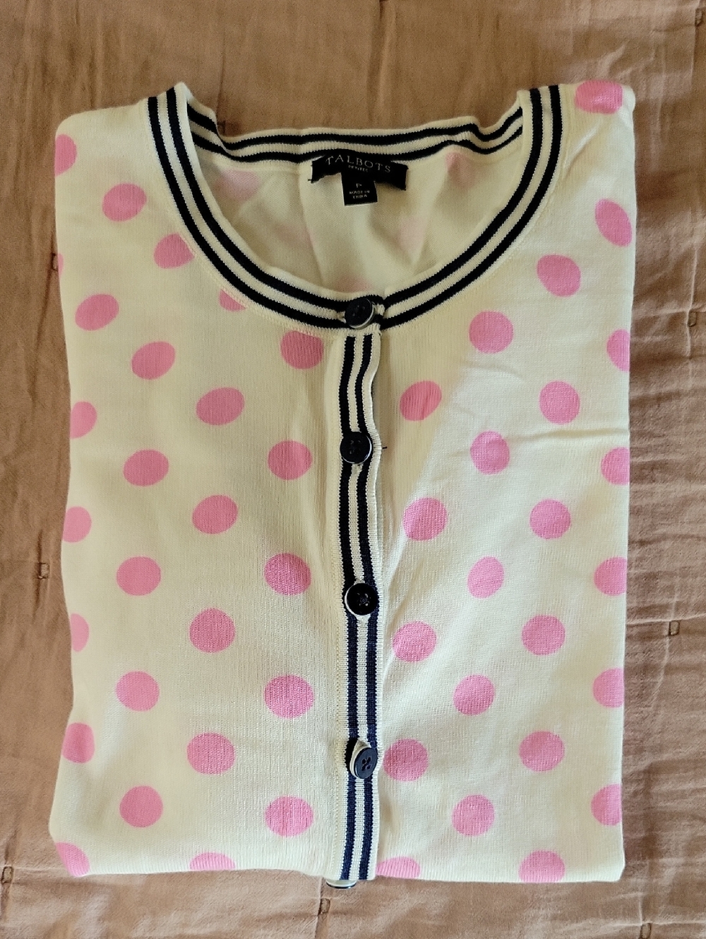 TALBOTS Pink Polka Dot Cardigan with Navy Trim